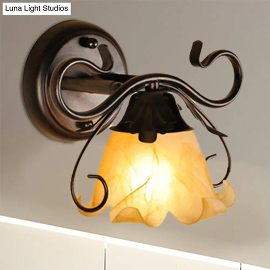 Modern Floral Yellow Glass Vanity Wall Sconce - Stylish 1/2/3-Light Black Finish Mount Lighting