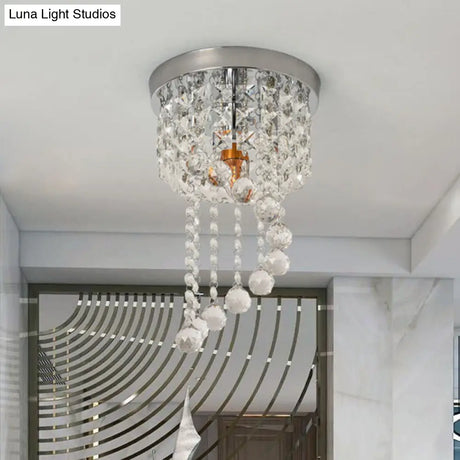 Modern Flush Mount Crystal Lamp With Clear Strands And Spiral Design - 1 Bulb Ceiling Fixture