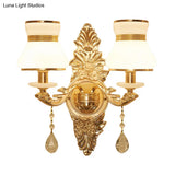 Modern Frosted Glass Bell Shade Wall Sconce With Gold Carved Backplate