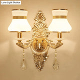 Modern Frosted Glass Bell Shade Wall Sconce With Gold Carved Backplate