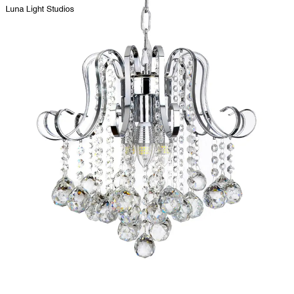 Modern Chrome Pendant Light With Crystal Ball Accents - Indoor Geometric Chandelier Lamp
