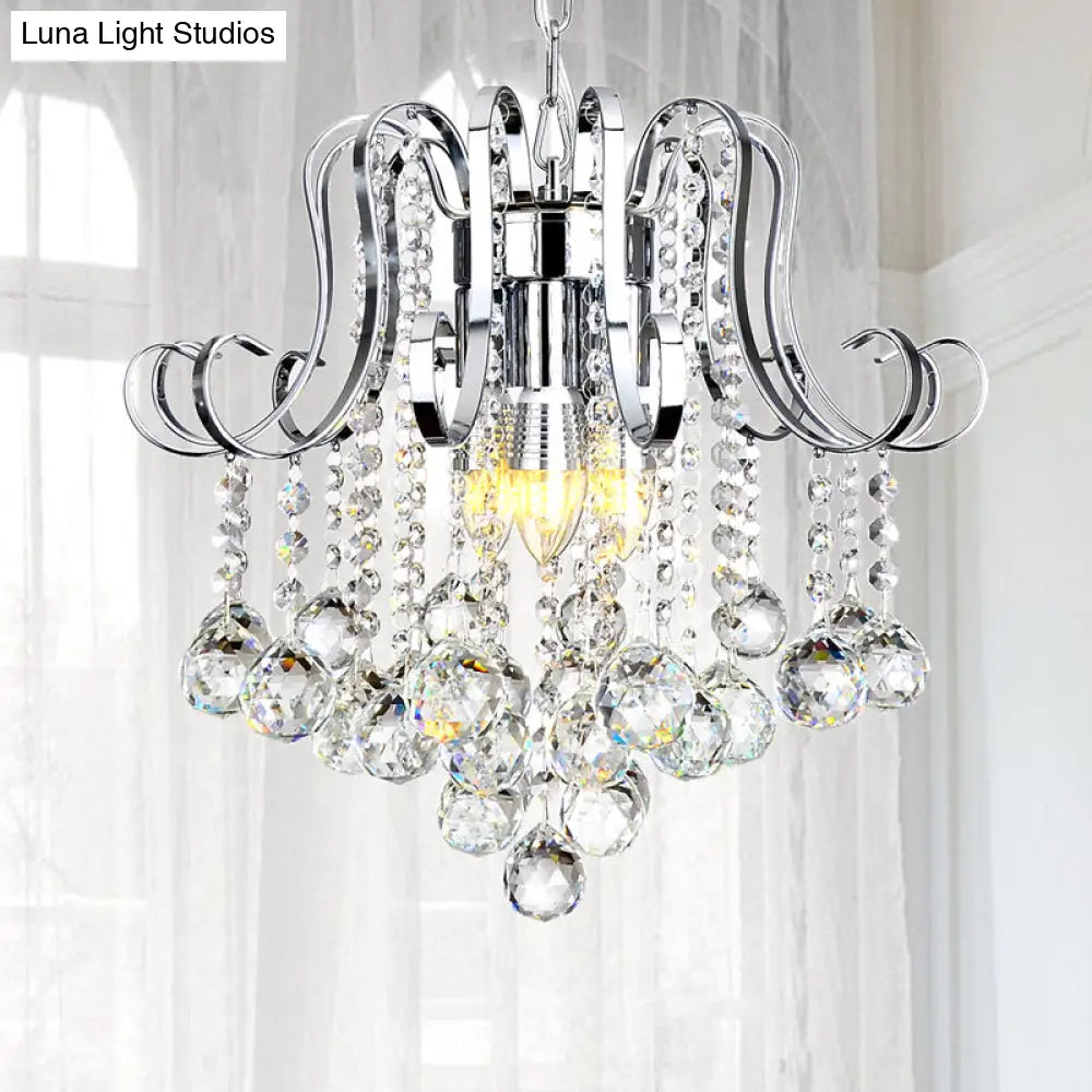 Modern Chrome Pendant Light With Crystal Ball Accents - Indoor Geometric Chandelier Lamp