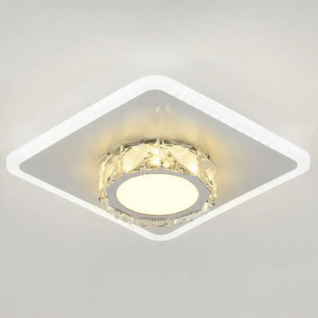 Modern Geometric Flush Ceiling Light With Crystal Detail - Led Hallway Lighting Fixture White /