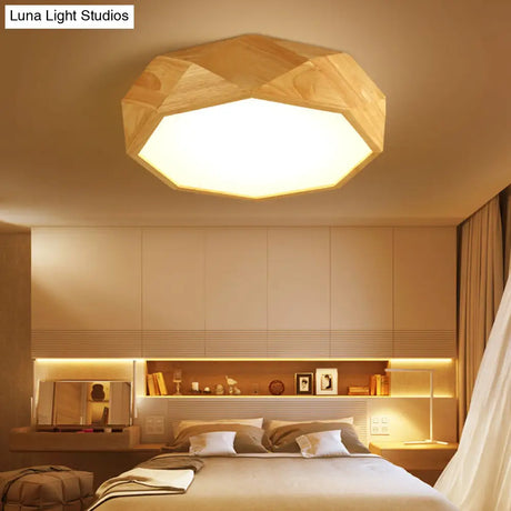 Modern Geometric Wood Beige Ceiling Light With Acrylic Diffuser - Led Flush Mount Lamp 18’/26’ Wide