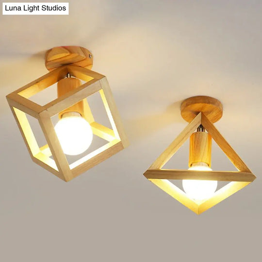 Modern Geometric Wooden Flush - Mount Ceiling Light Fixture - Small Size
