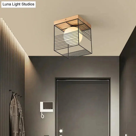 Modern Geometric Wooden Led Bedroom Flush Ceiling Light With Beige Acrylic Shade
