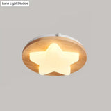 Modern Geometric Wooden Led Bedroom Flush Ceiling Light With Beige Acrylic Shade