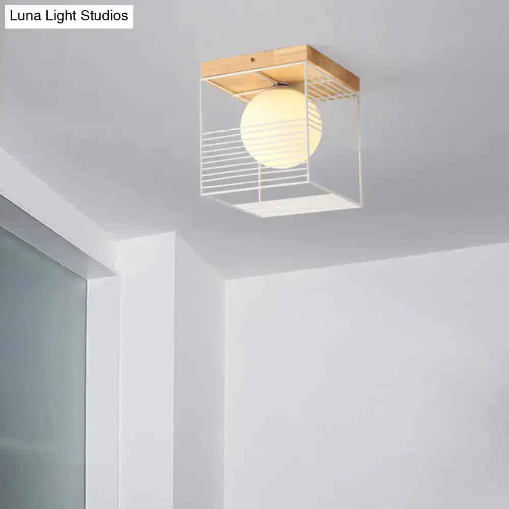 Modern Geometric Wooden Led Bedroom Flush Ceiling Light With Beige Acrylic Shade