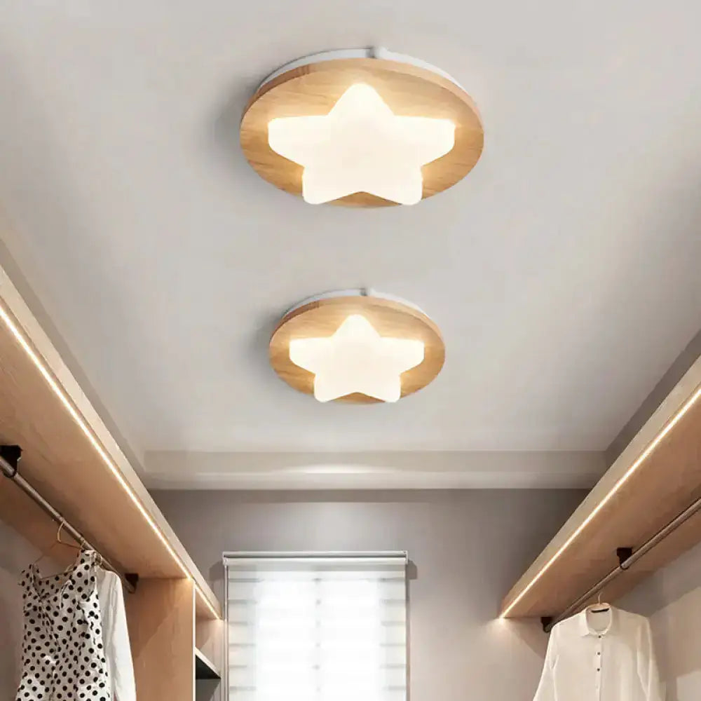 Modern Geometric Wooden Led Bedroom Flush Ceiling Light With Beige Acrylic Shade Wood / White A
