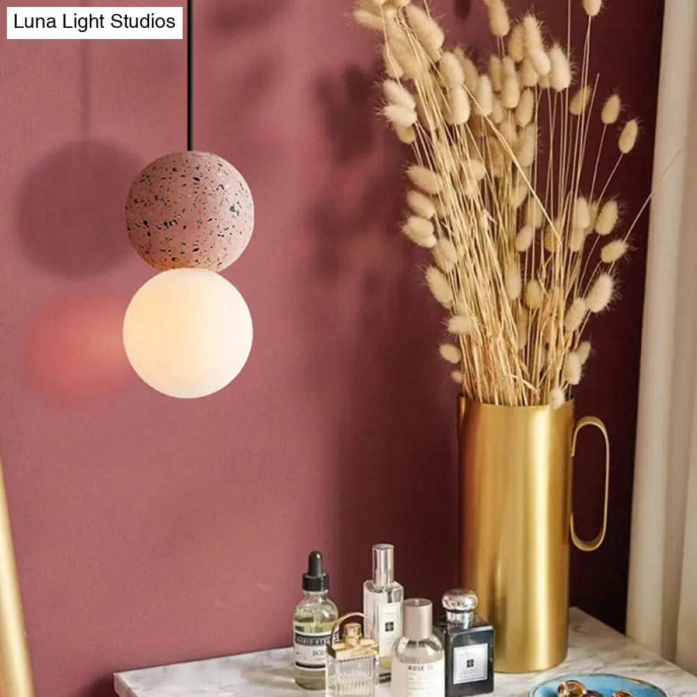 Modern Glass And Terrazzo Double Ball Pendant Light In Pink/Grey- 1-Light Ceiling Hanging Lamp Pink