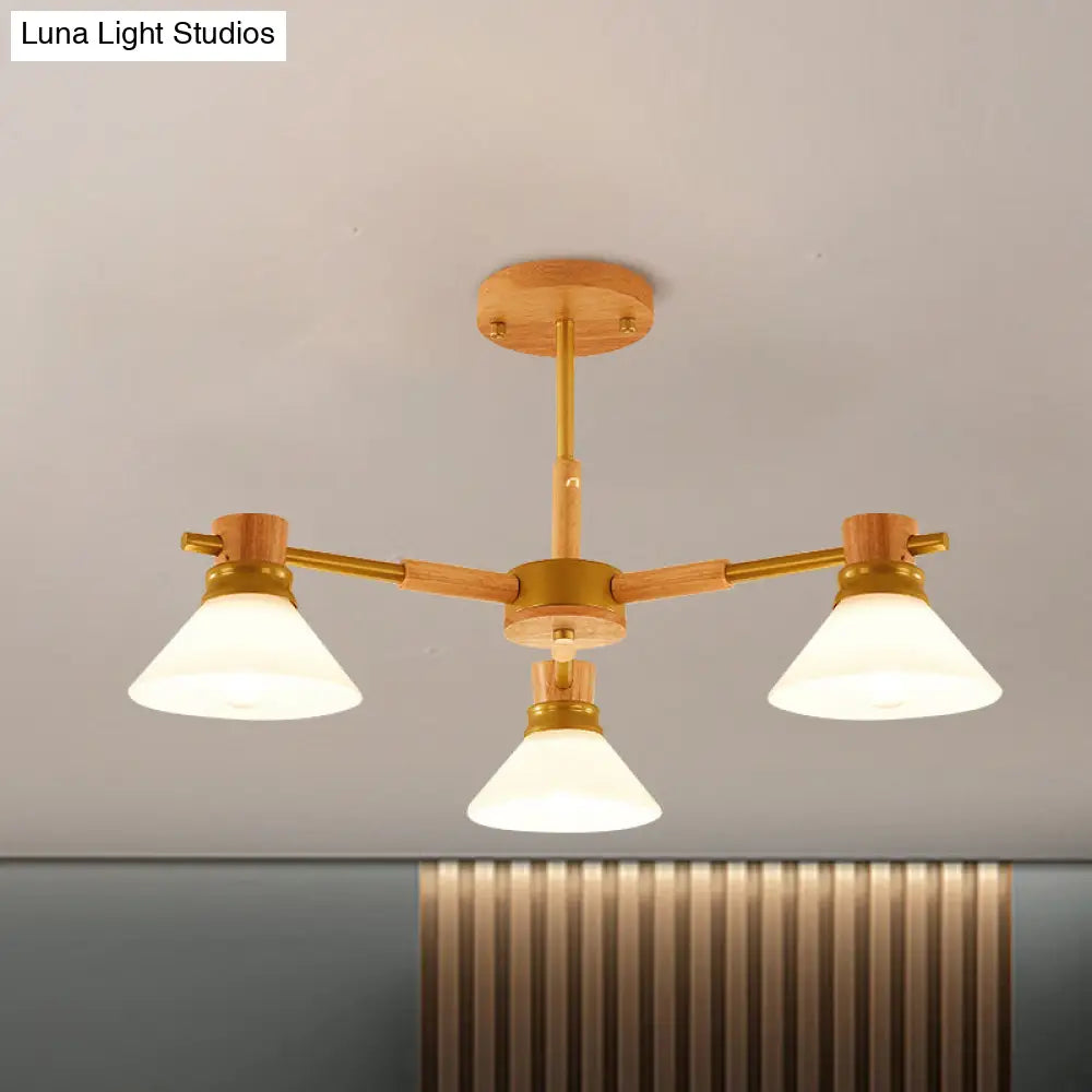 Modern Glass And Wood Hanging Pendant Chandelier - Black/Gold Branch Cone Shade For Sitting Room