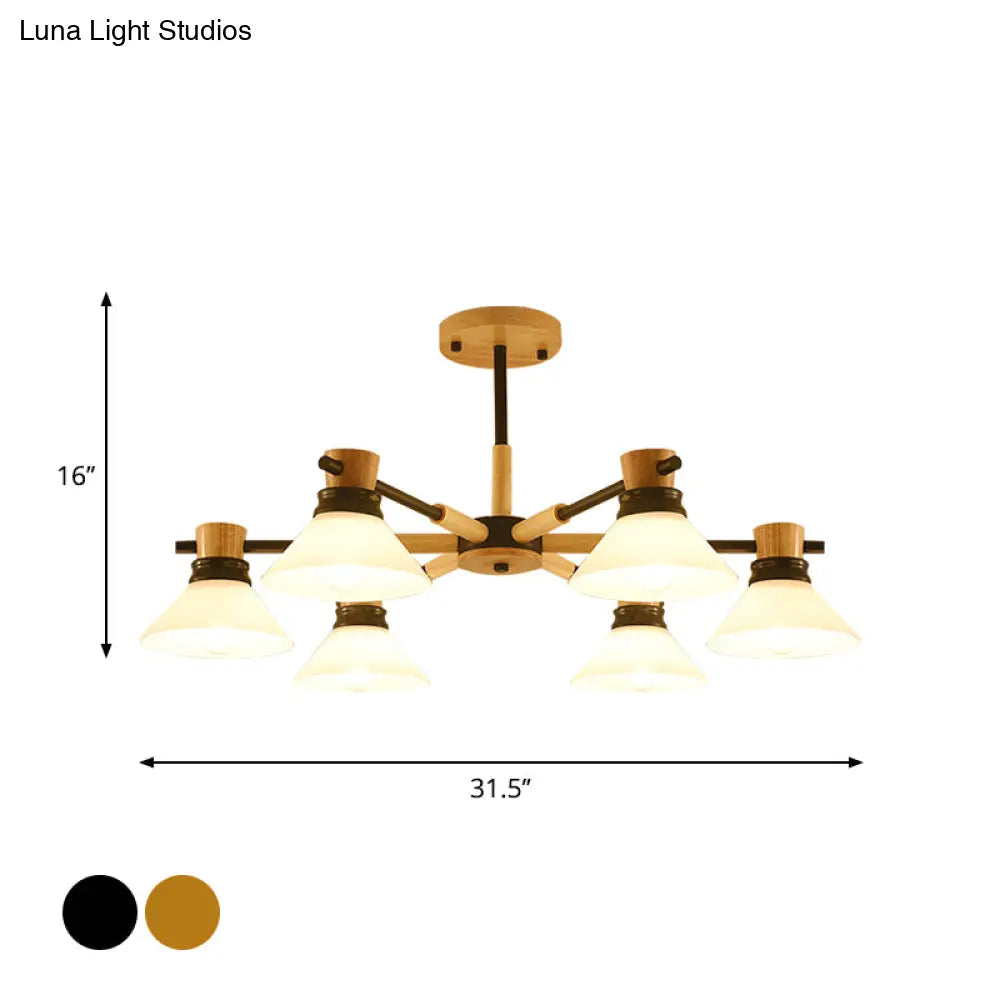 Modern Glass And Wood Hanging Pendant Chandelier - Black/Gold Branch Cone Shade For Sitting Room