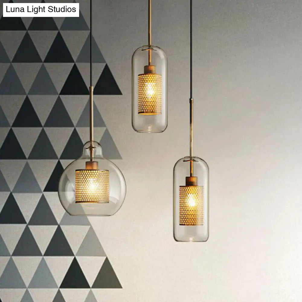 Clear Glass Geometric Pendant Lamp With Mesh Guard - Postmodern Design