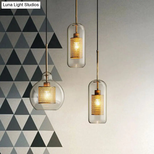 Clear Glass Geometric Pendant Lamp With Mesh Guard - Postmodern Design