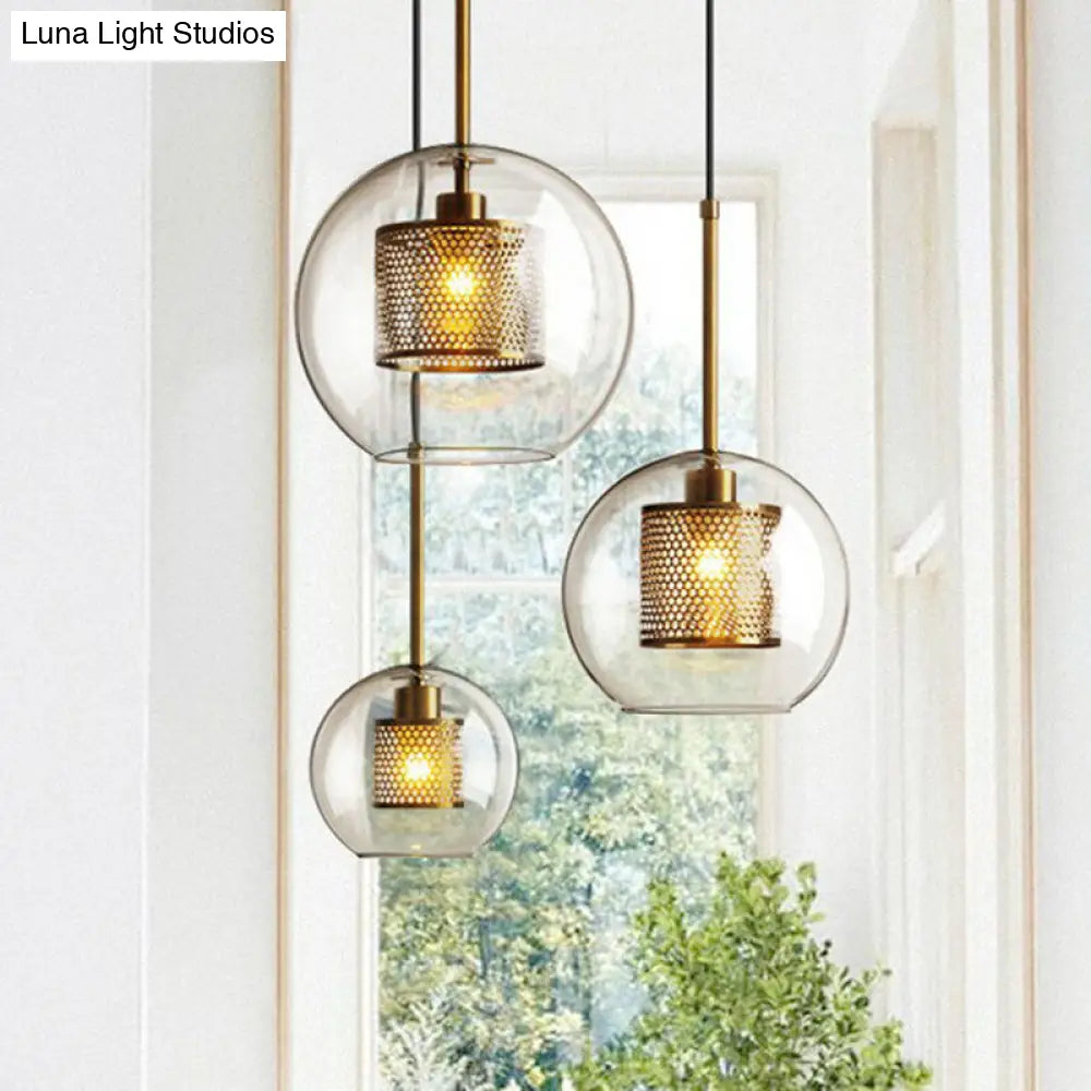 Clear Glass Geometric Pendant Lamp With Mesh Guard - Postmodern Design
