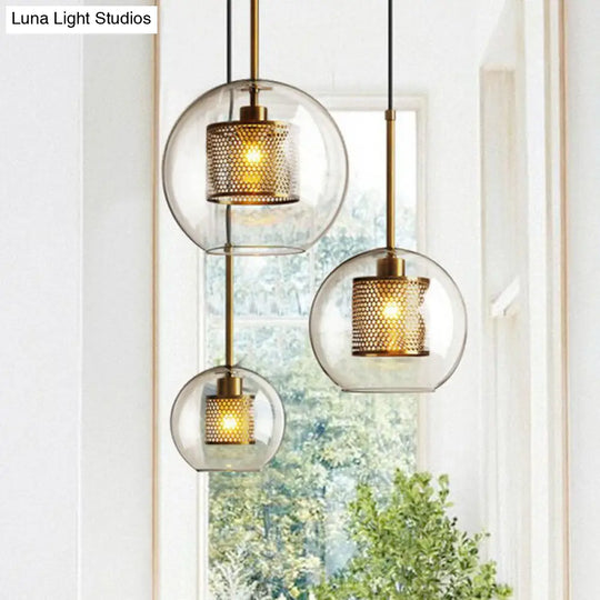 Clear Glass Geometric Pendant Lamp With Mesh Guard - Postmodern Design