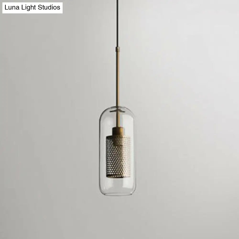 Clear Glass Geometric Pendant Lamp With Mesh Guard - Postmodern Design / Cylinder