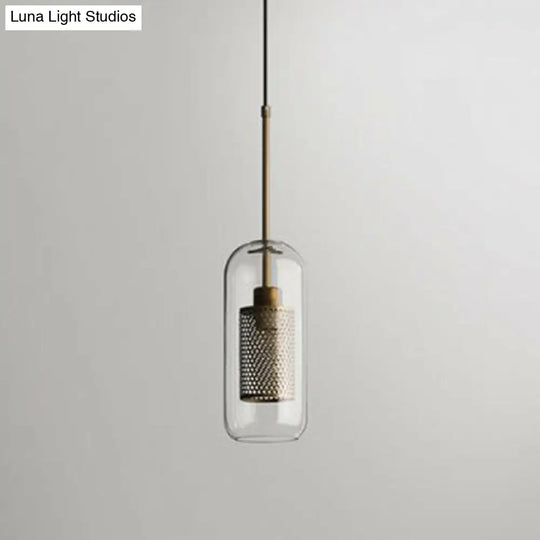 Clear Glass Geometric Pendant Lamp With Mesh Guard - Postmodern Design / Cylinder