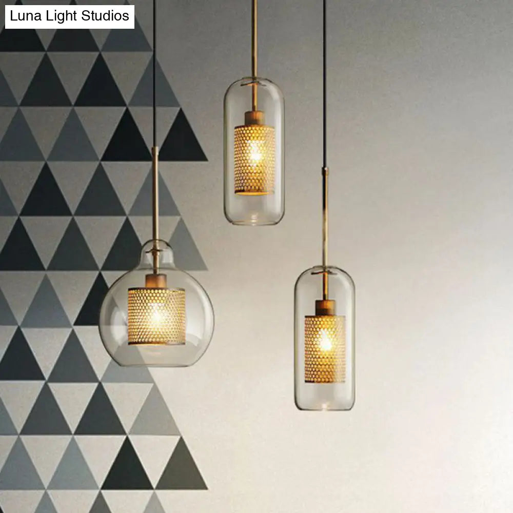 Modern Glass Pendant Lamp With Geometric Design And Mesh Guard
