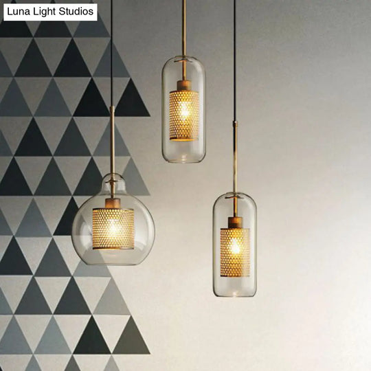Modern Glass Pendant Lamp With Geometric Design And Mesh Guard