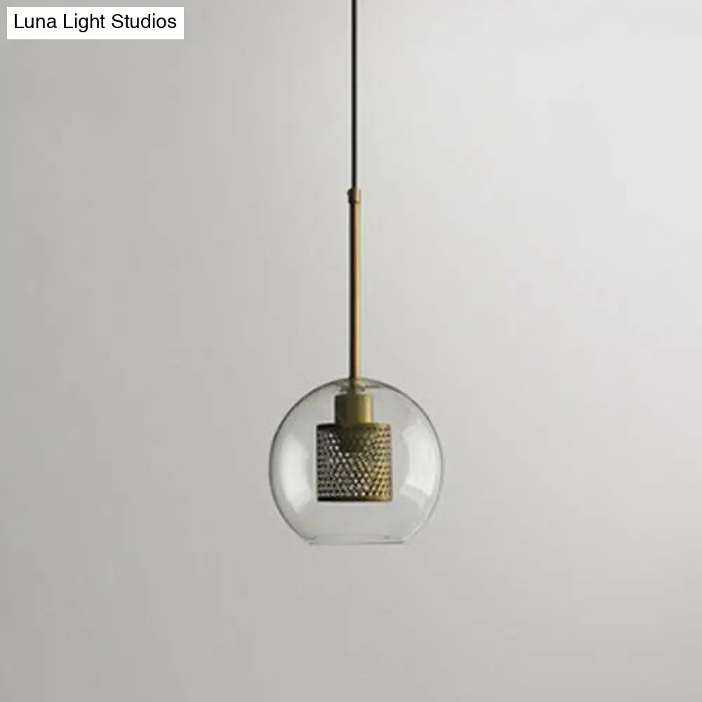Clear Glass Geometric Pendant Lamp With Mesh Guard - Postmodern Design / Globe