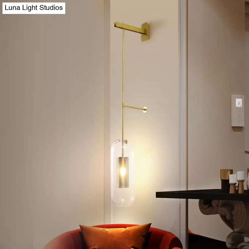 Modern Glass Wall Lamp With Brass Sconce And Mesh Guard