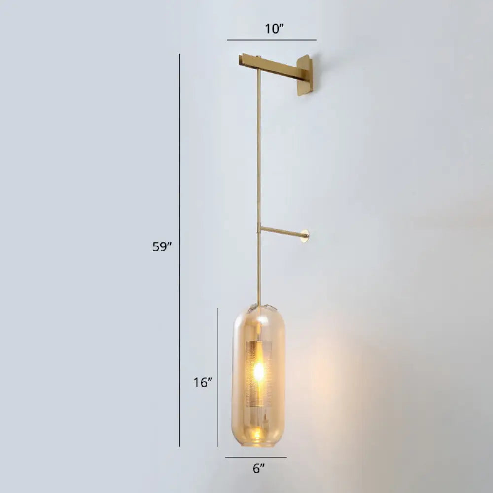 Modern Glass Wall Lamp With Brass Sconce And Mesh Guard Amber / Long Arm