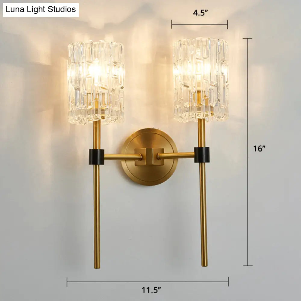 Modern Glass Wall Sconce With Clear Carvings Gold Finish Perfect For Living Room