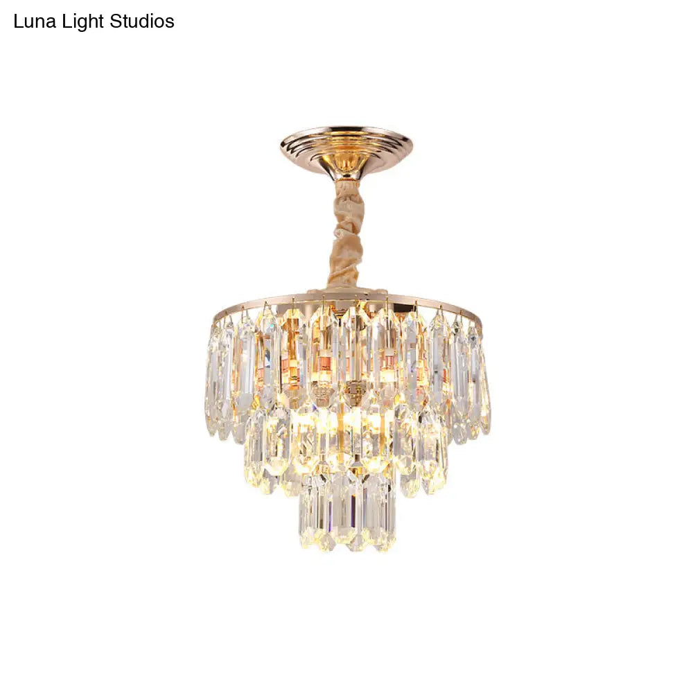 Modern Gold 3-Tier Crystal Rod Drop Lamp - 2-Light Foyer Ceiling Chandelier