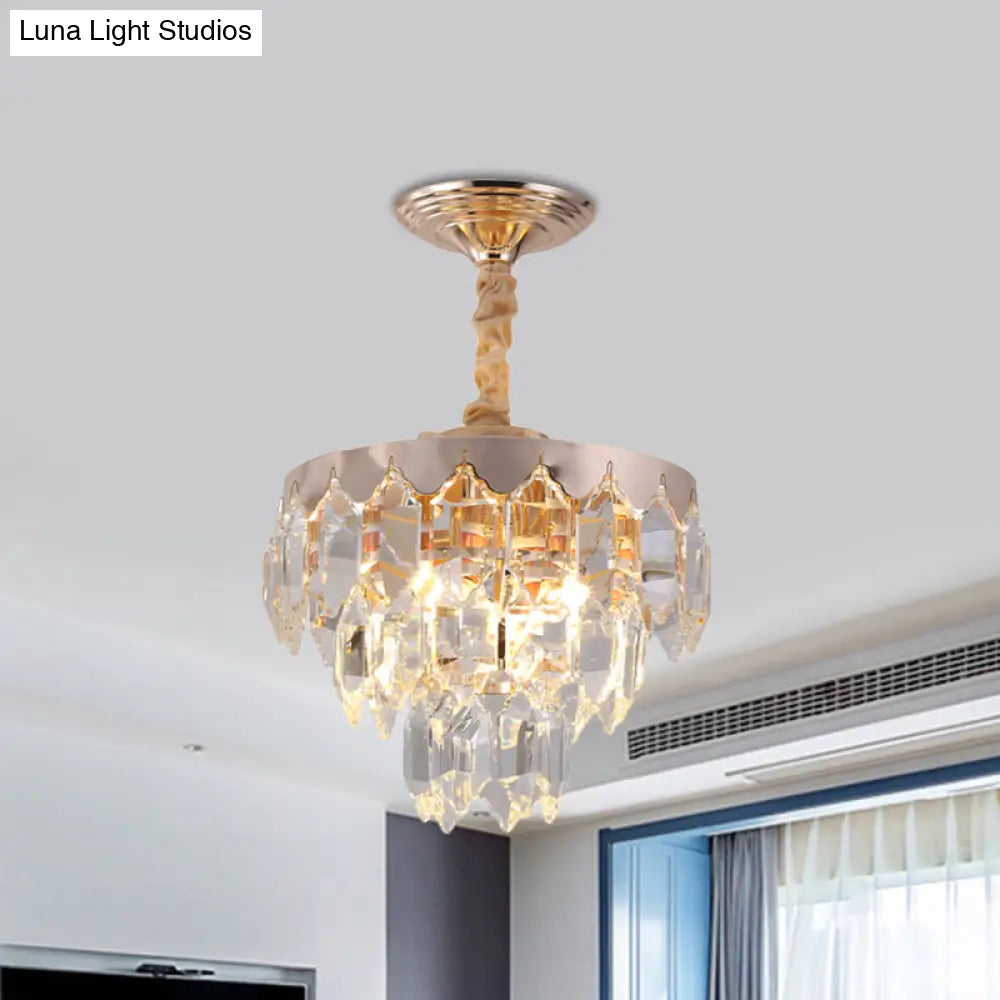 Modern Gold 3-Tier Crystal Rod Drop Lamp - 2-Light Foyer Ceiling Chandelier