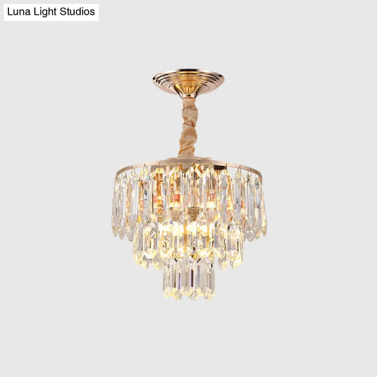 Modern Gold 3-Tier Crystal Rod Drop Lamp - 2-Light Foyer Ceiling Chandelier