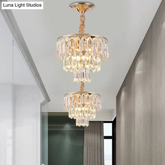 Modern Gold 3-Tier Crystal Rod Drop Lamp - 2-Light Foyer Ceiling Chandelier