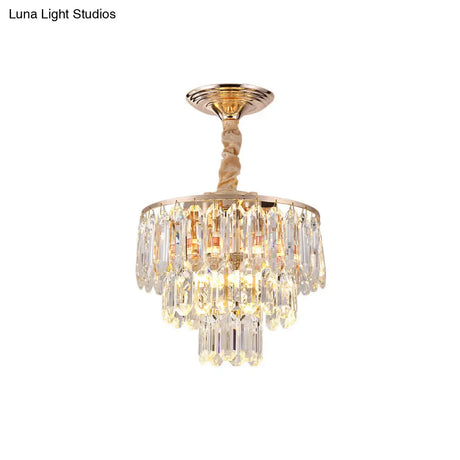 Modern Gold 3-Tier Crystal Rod Drop Lamp - 2-Light Foyer Ceiling Chandelier