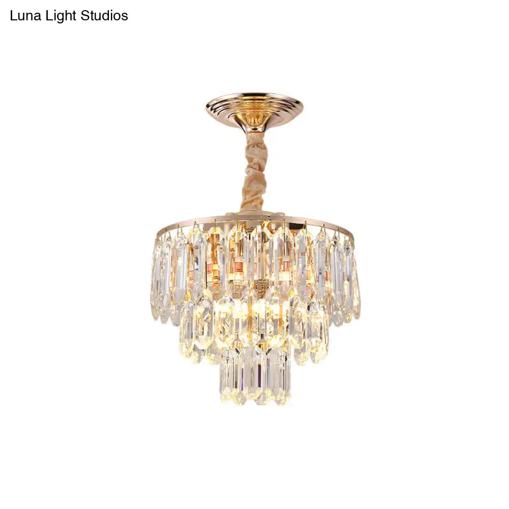 Modern Gold Crystal Rod Chandelier - 3 Tiers 2 Lights Ideal For Foyer Ceiling
