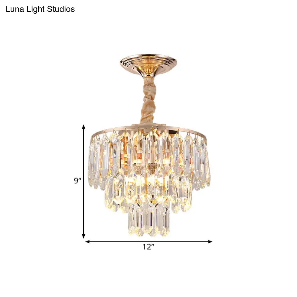Modern Gold 3-Tier Crystal Rod Drop Lamp - 2-Light Foyer Ceiling Chandelier