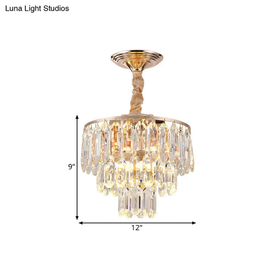 Modern Gold 3-Tier Crystal Rod Drop Lamp - 2-Light Foyer Ceiling Chandelier