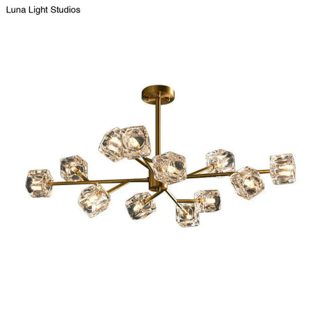 Modern Gold Branch Chandelier Lamp With Clear Crystal Cube - Living Room Suspension Light