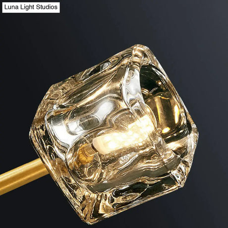 Modern Gold Branch Chandelier Lamp With Clear Crystal Cube - Living Room Suspension Light