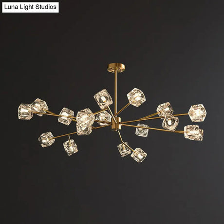 Modern Gold Branch Chandelier Lamp With Clear Crystal Cube - Living Room Suspension Light
