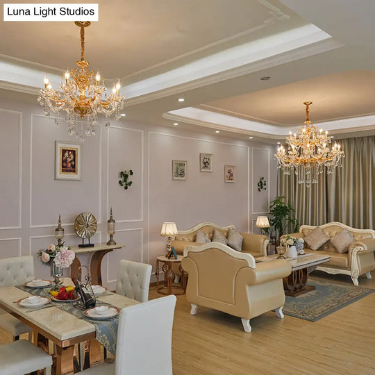 Modern Gold Candelabra Chandelier Light With Crystal Accents - 8 Metal Pendant Heads