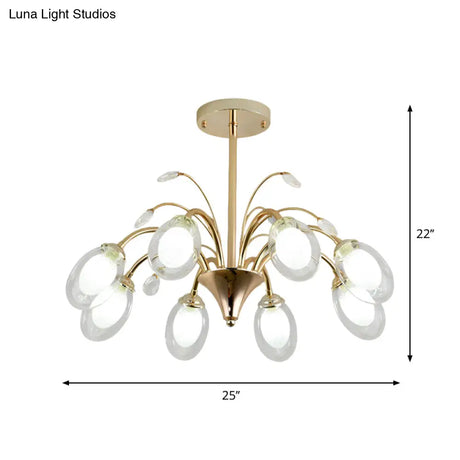 Modern Gold Chandelier Lamp With Oval Glass Shades - 6/8/10 Head Ceiling Light