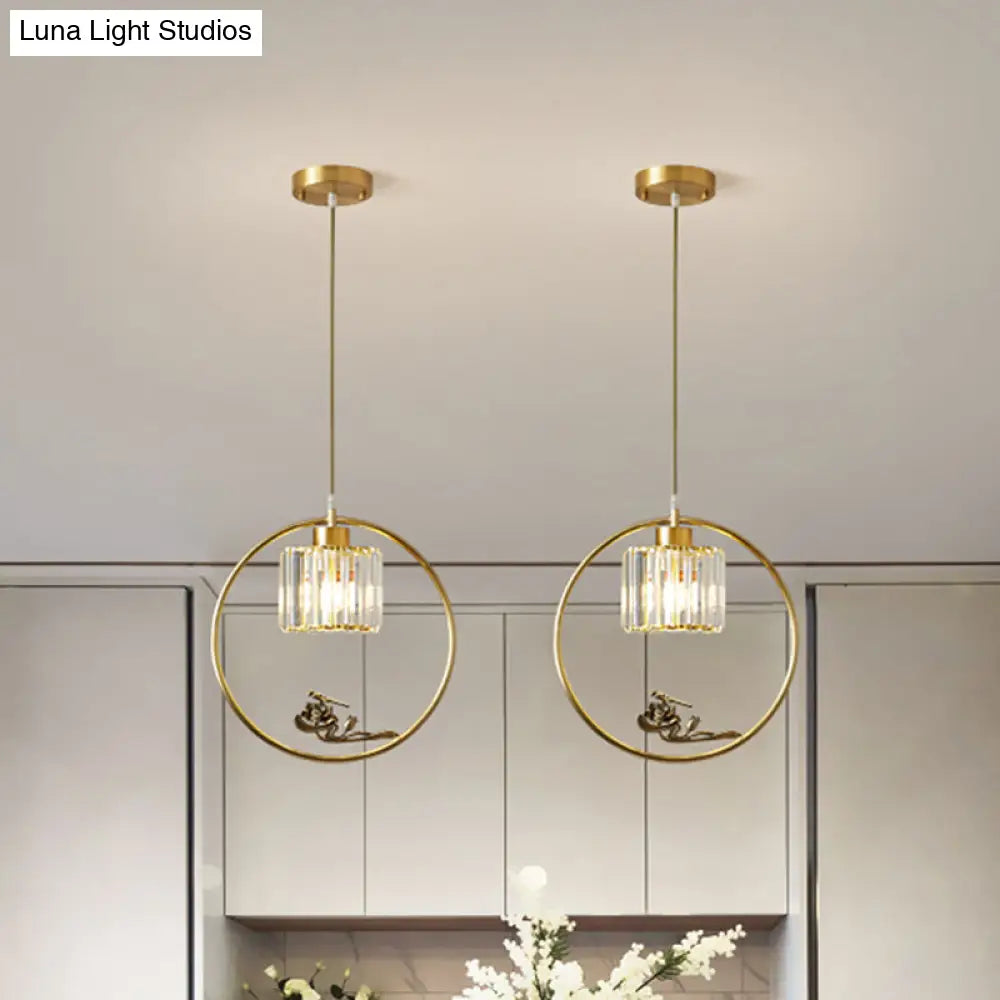 Modern Gold Circle Pendant With Crystal Cylinder Down Lighting For Dining Room – Includes