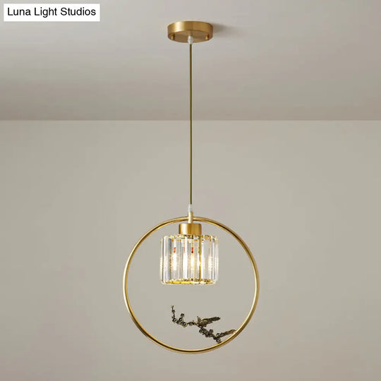 Modern Gold Circle Suspension Pendant With Decorative Bird/Dragonfly - Crystal Cylinder Dining Room