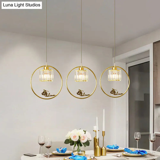 Modern Gold Circle Suspension Pendant With Decorative Bird/Dragonfly - Crystal Cylinder Dining Room