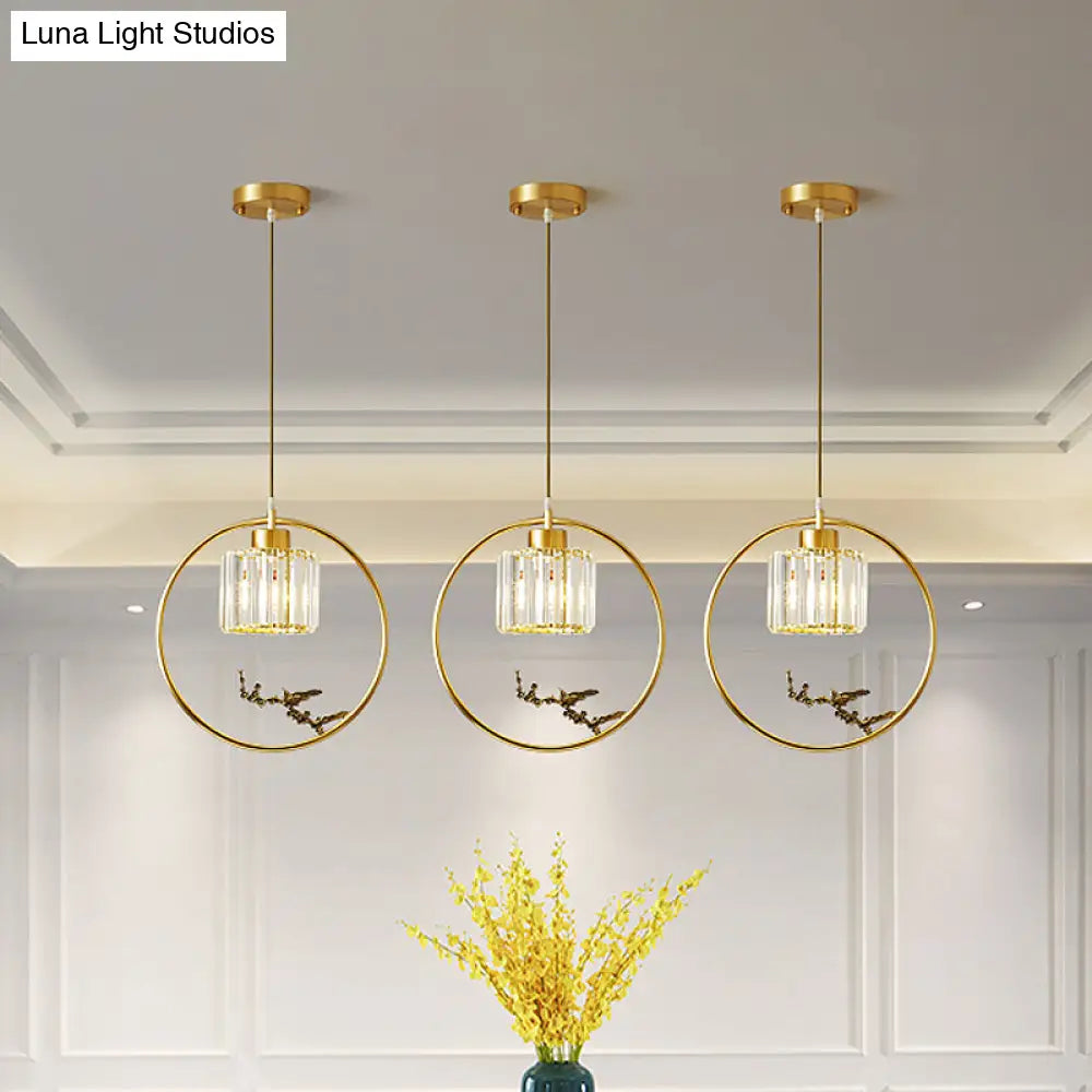 Modern Gold Circle Pendant With Crystal Cylinder Down Lighting For Dining Room – Includes