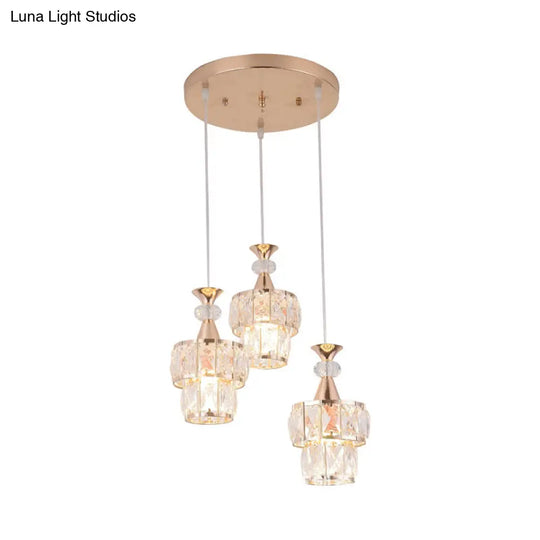 Modern Gold Cluster Light Pendant With Beveled Crystal Blocks - 2 Layers 3-Head Hanging Lamp Kit