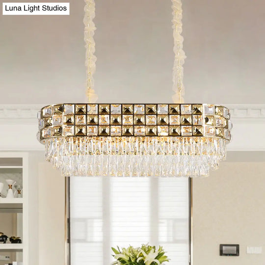 Modern Faceted Crystal Chandelier With 10 Gold Heads - Oval Suspension Lighting