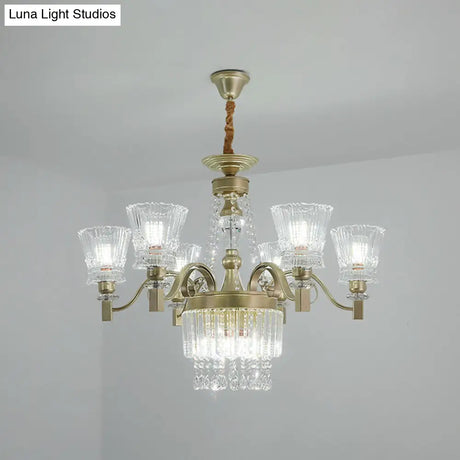 Modern Gold Crystal Chandelier Pendant Lamp With Clear Conical Shades - 6/9-Head Light Fixture For