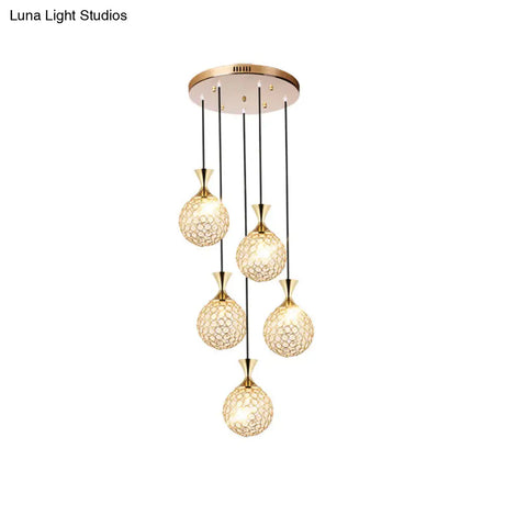 Modern Gold Crystal Cluster Pendant Light - Perfect For Dining Room 3/5 Bulbs Globe Design