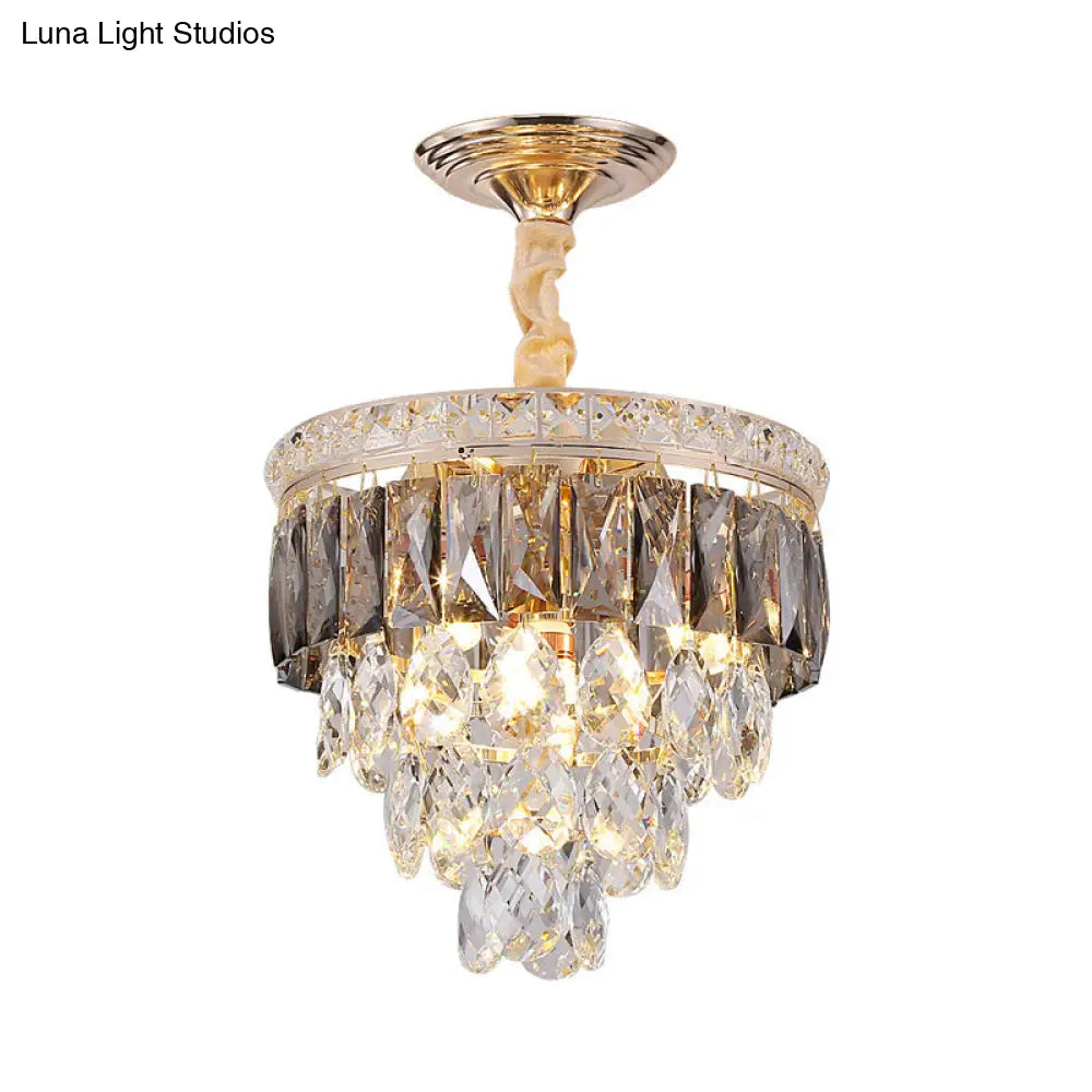 Gold Leaf Chandelier - Modern Crystal Suspension Lamp For Balcony Ceiling (3-Head)